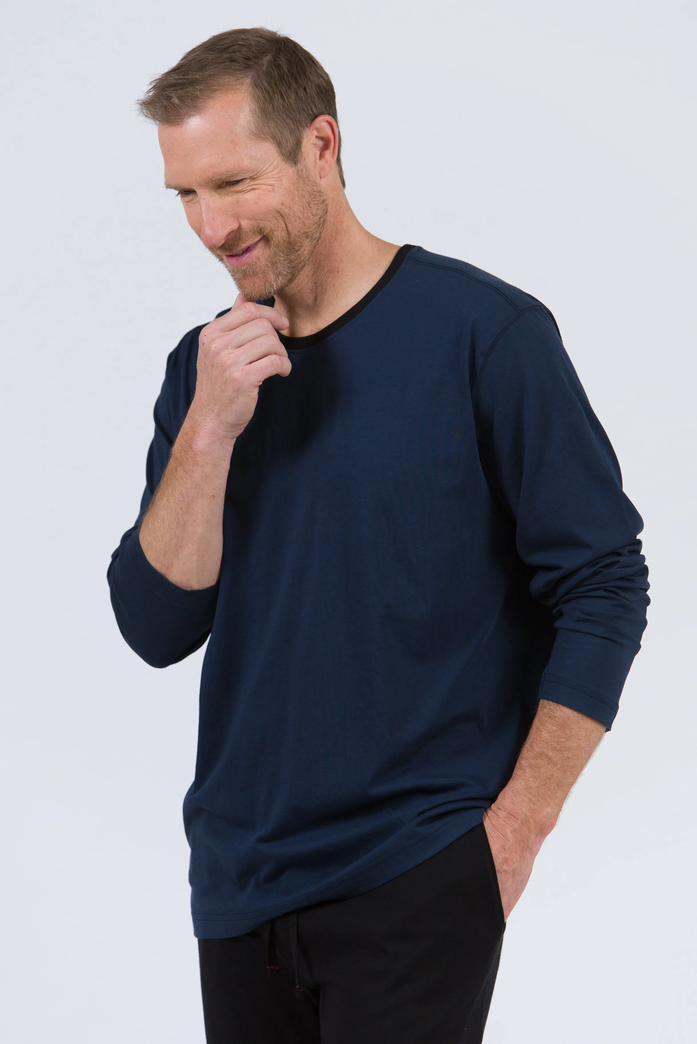 100% Peruvian Pima Cotton Midnight Contrast Neckline Long Sleeve