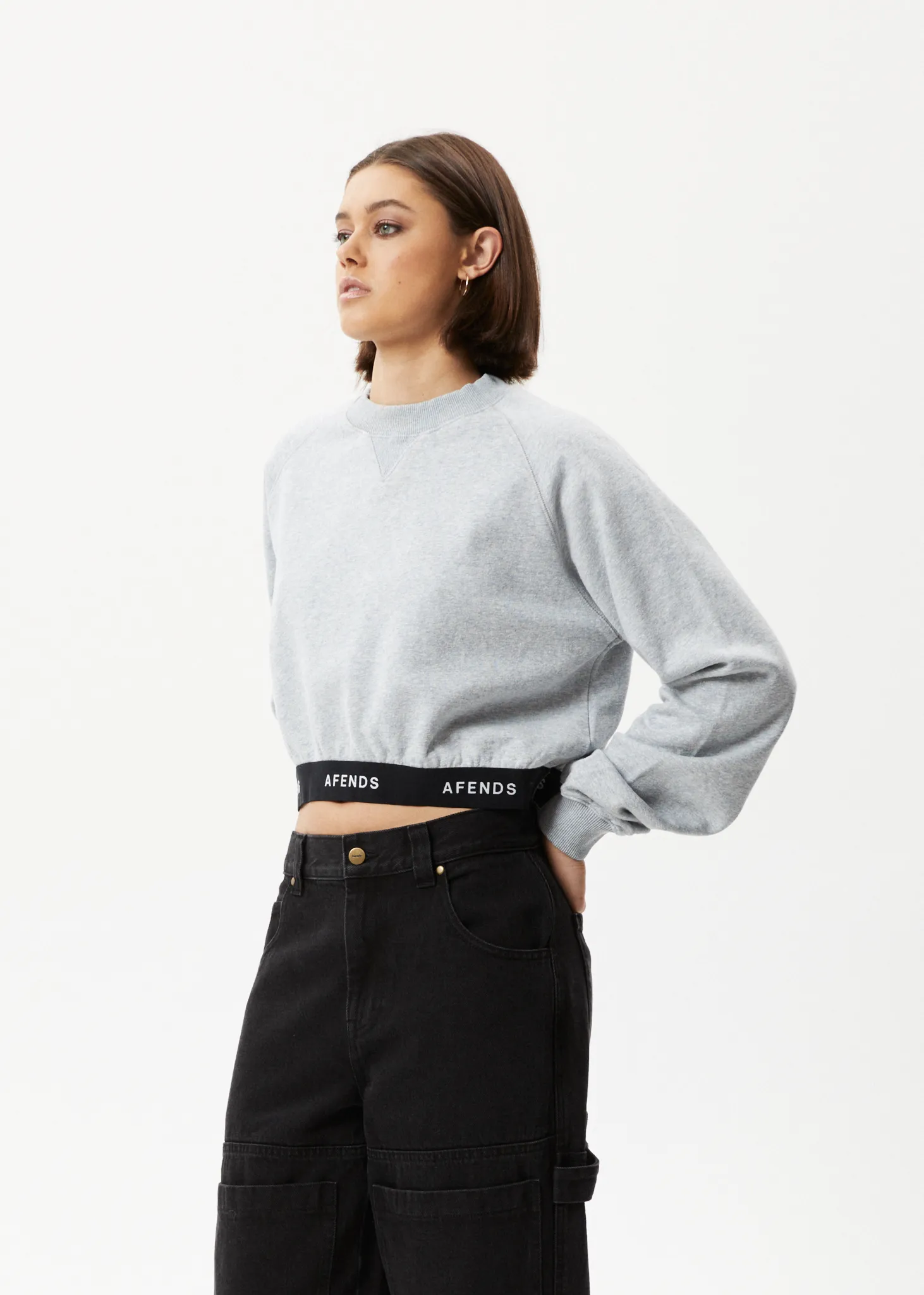 AFENDS Womens Homebase - Cropped Crew Neck Jumper - Shadow Grey Marle
