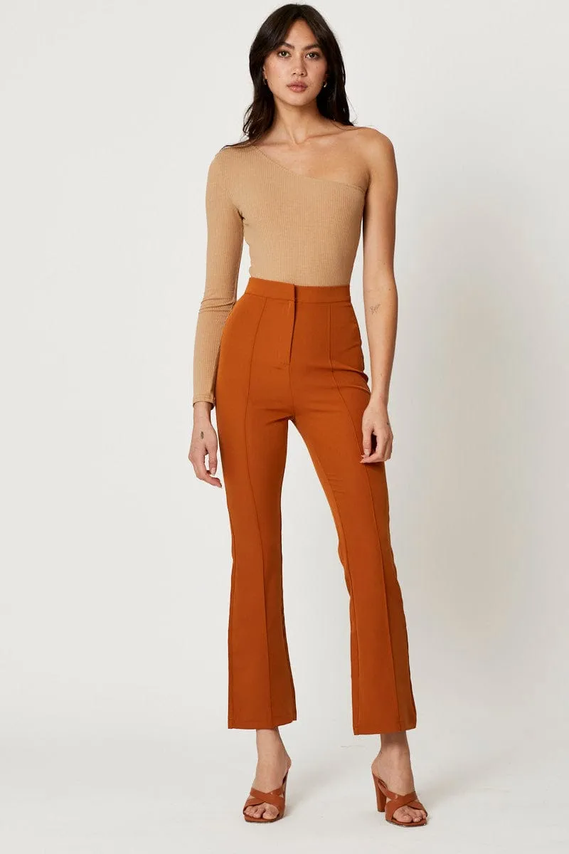 Beige One Shoulder Ribbed Top