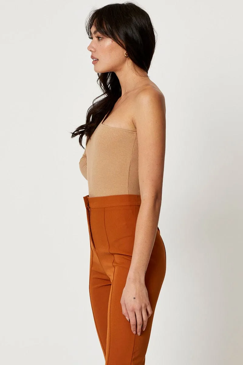 Beige One Shoulder Ribbed Top
