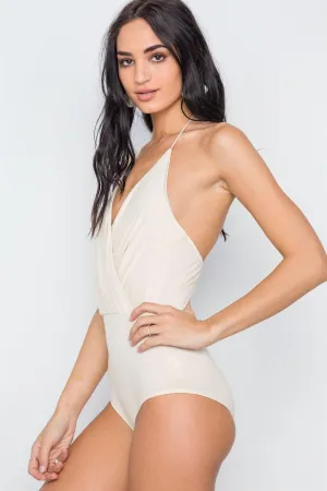 Beige Surplice Neckline Solid V-Neck Bodysuit /2-2-1