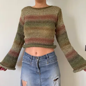Handmade green, dusky pink and brown knitted ombré jumper