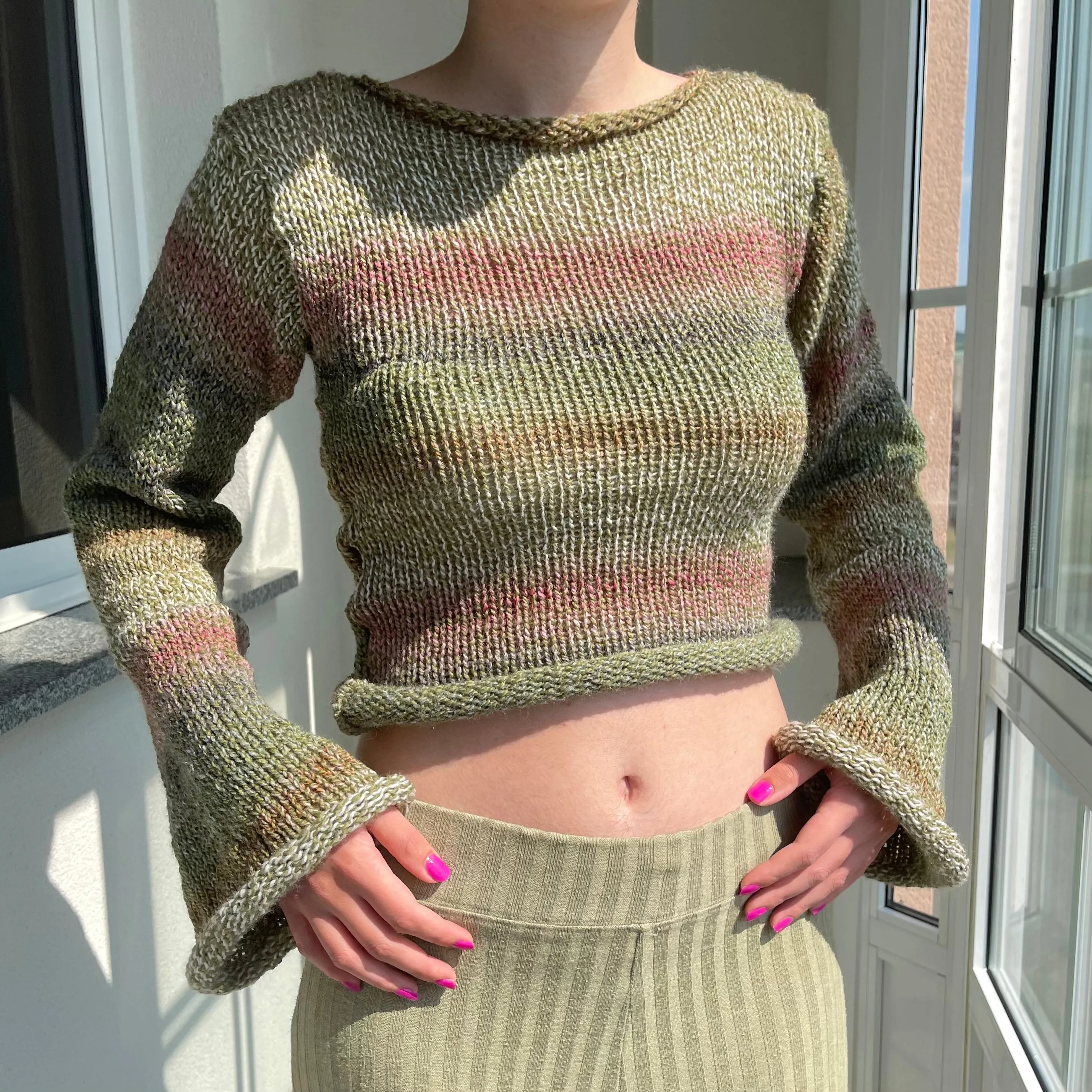 Handmade green, dusky pink and brown knitted ombré jumper