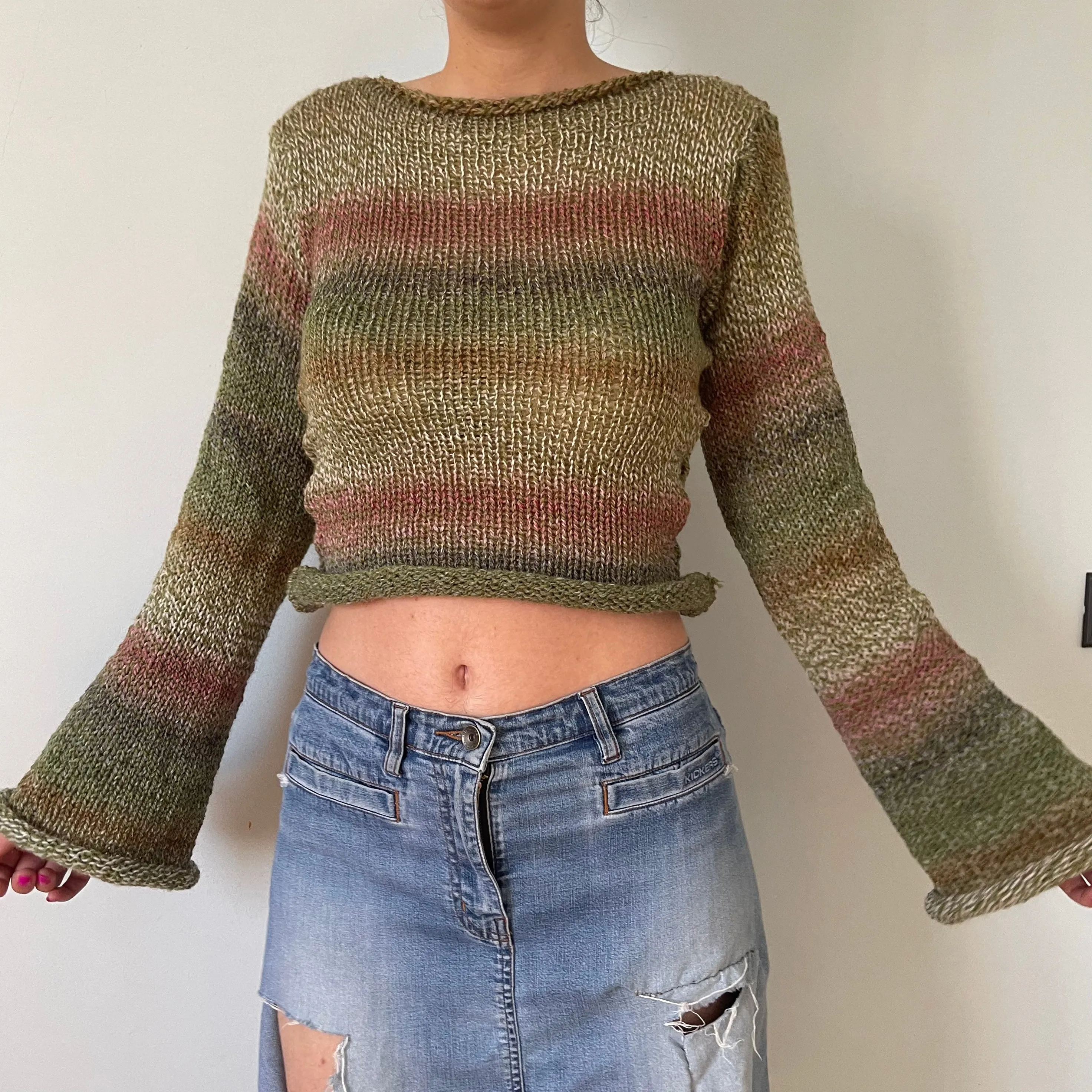 Handmade green, dusky pink and brown knitted ombré jumper