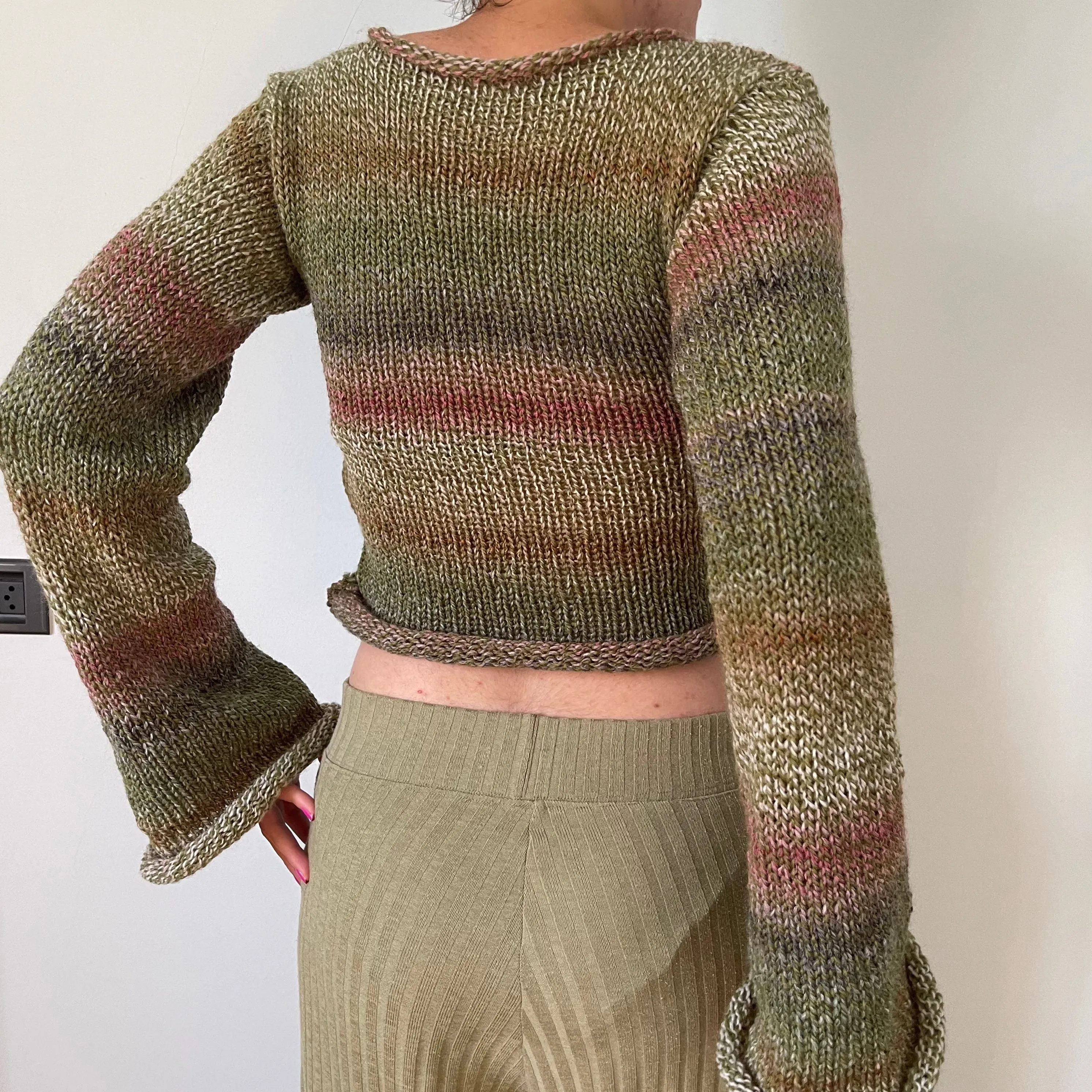 Handmade green, dusky pink and brown knitted ombré jumper