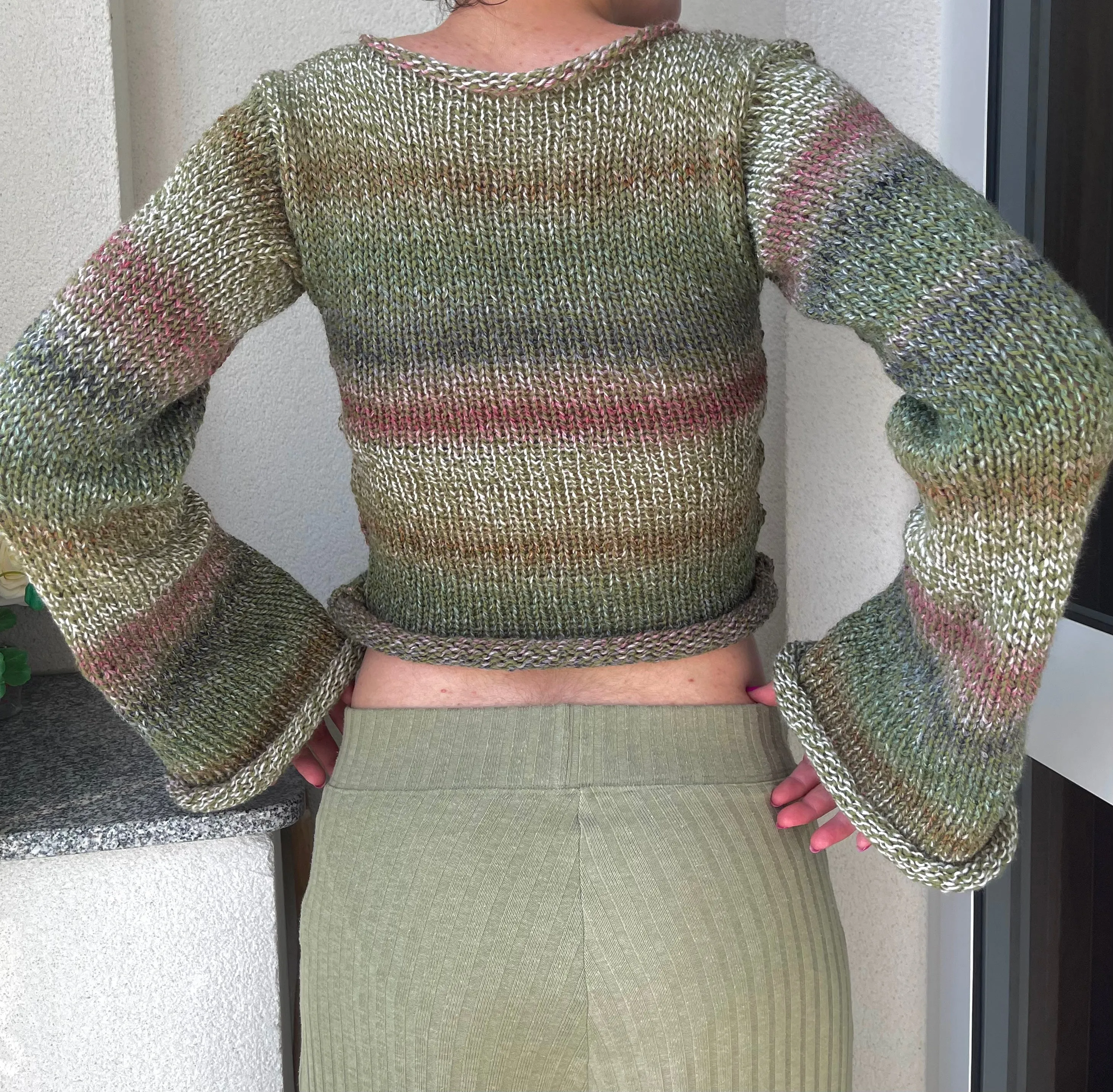 Handmade green, dusky pink and brown knitted ombré jumper