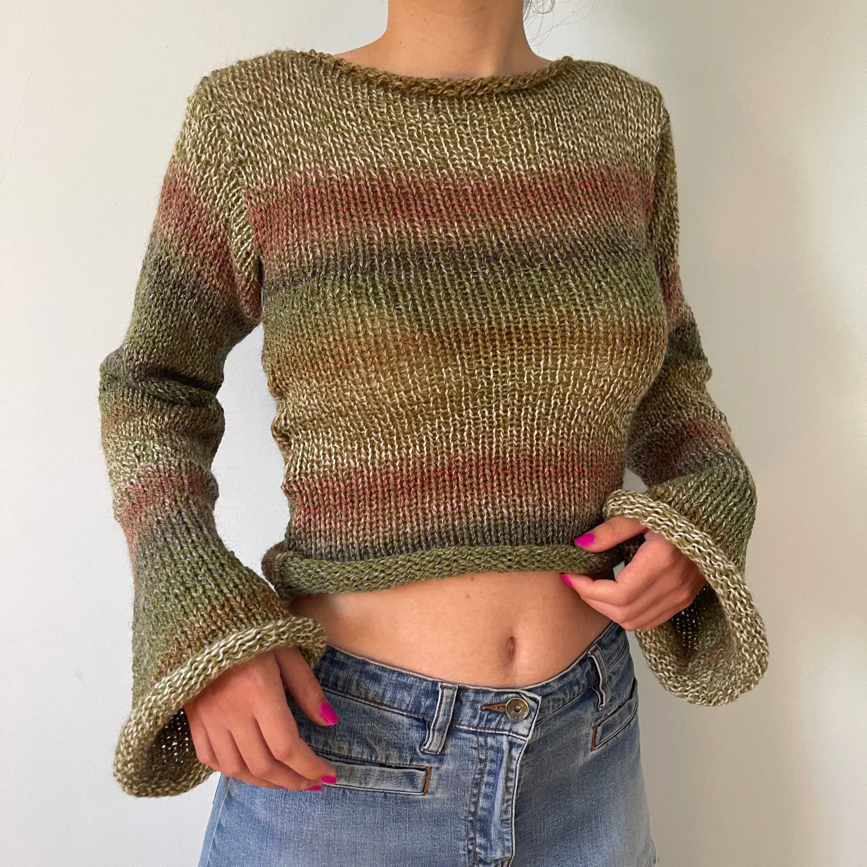 Handmade green, dusky pink and brown knitted ombré jumper