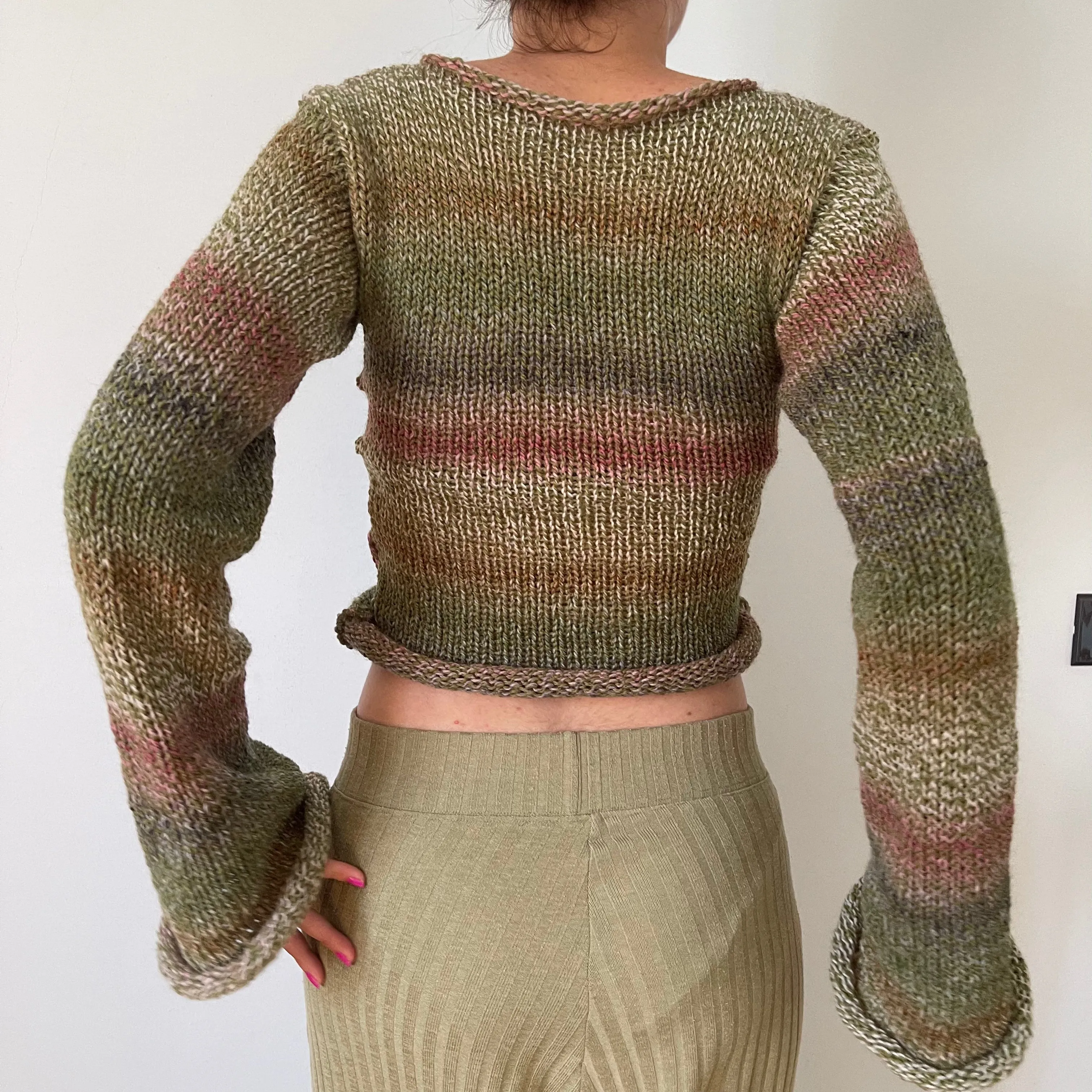 Handmade green, dusky pink and brown knitted ombré jumper