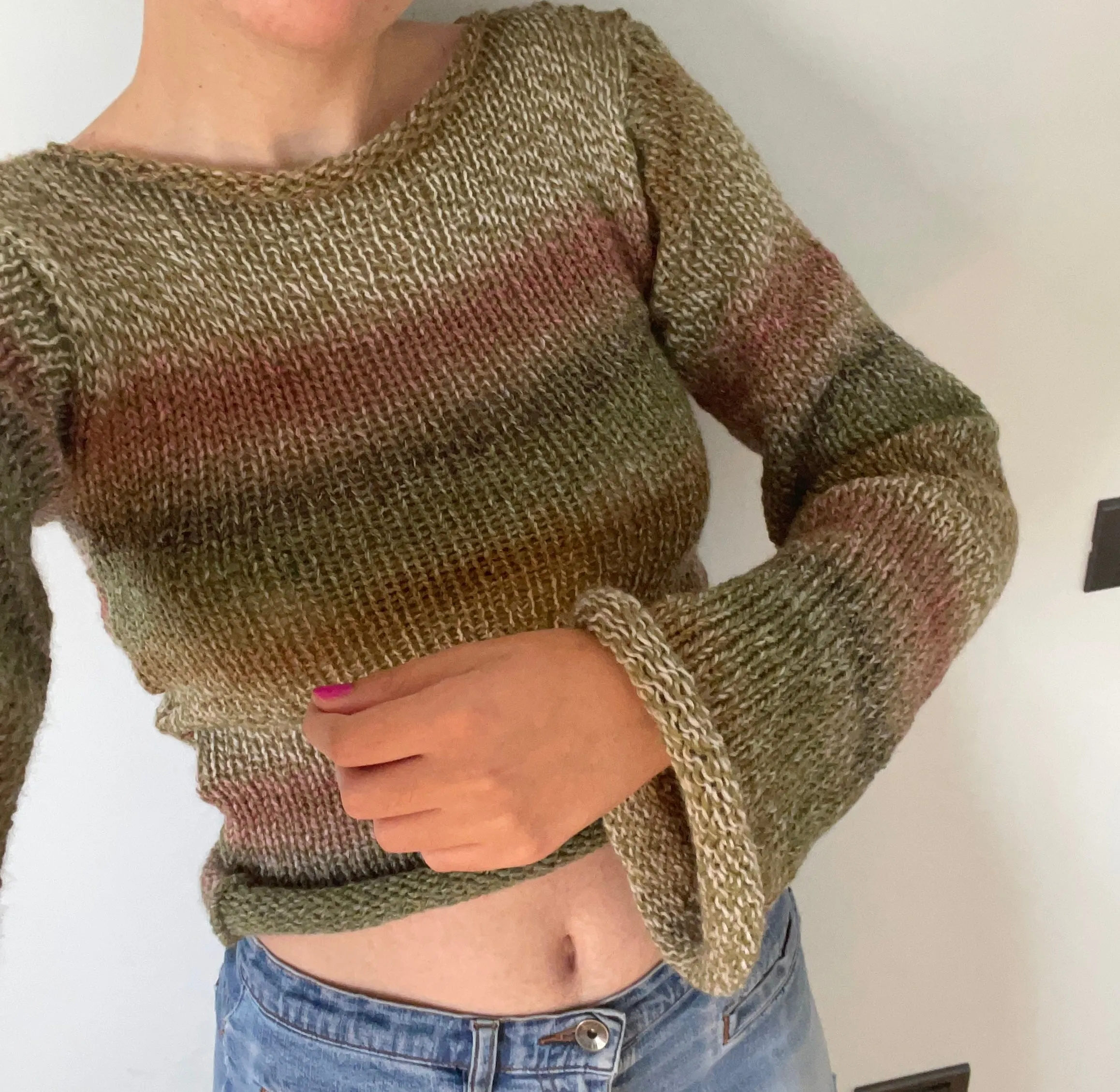 Handmade green, dusky pink and brown knitted ombré jumper