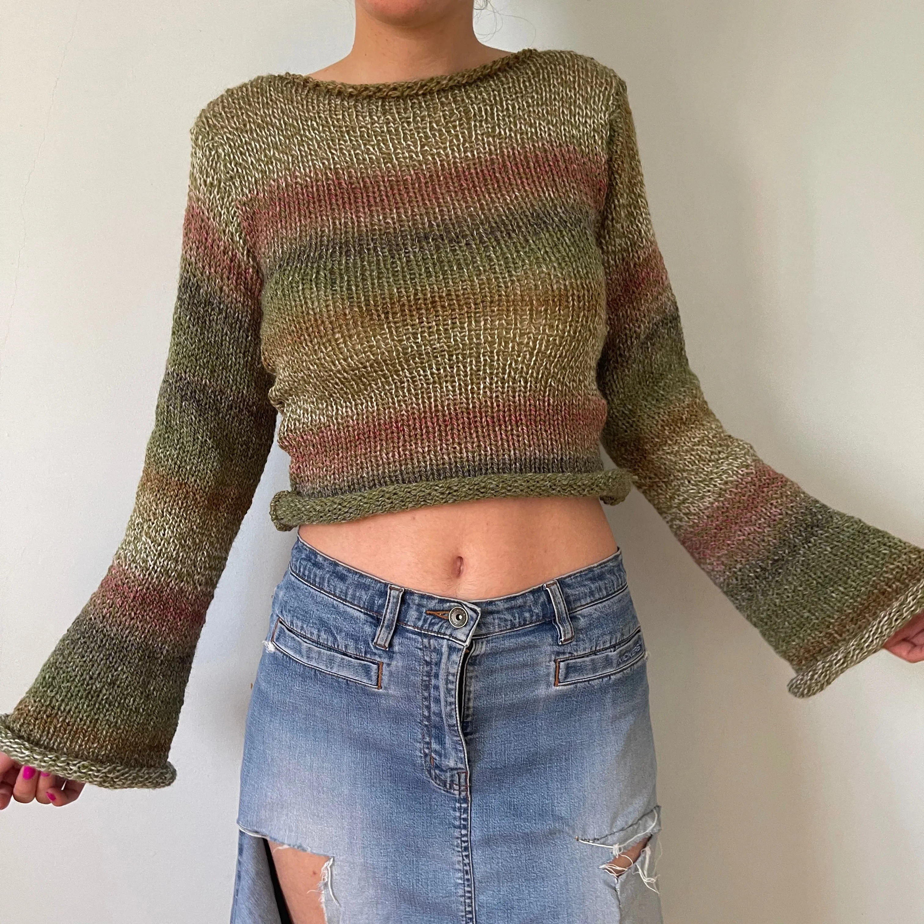 Handmade green, dusky pink and brown knitted ombré jumper