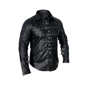 Men Black sheep lamb Leather Police Uniform Style Shirt - (PSF-G)