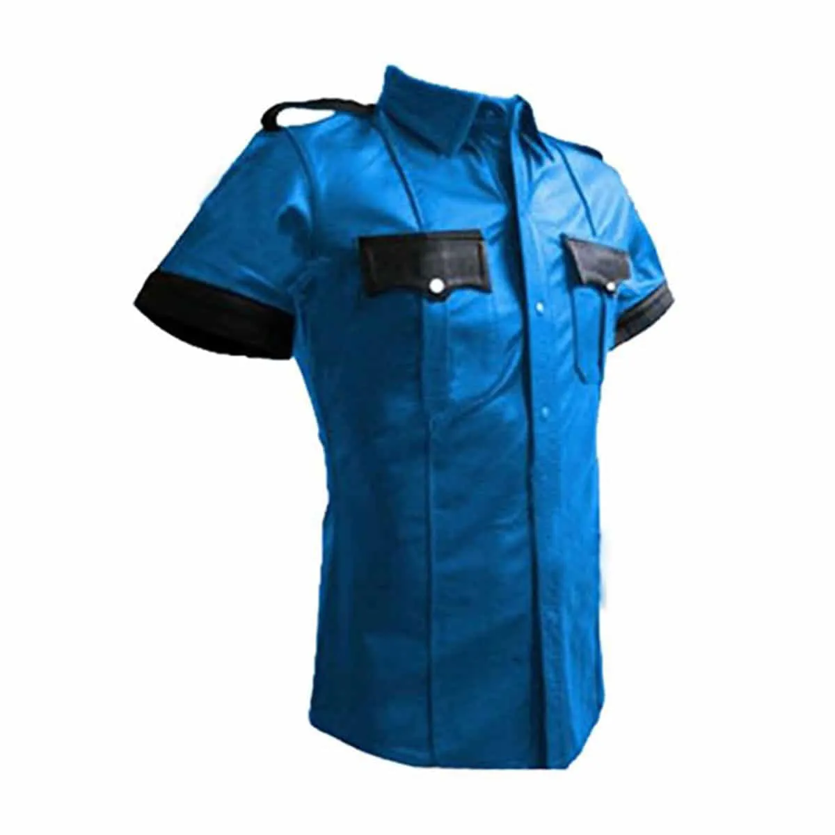 Mens Police Uniform Style Blue Shirt Genuine Leather - (Pshs-Blu-Blk)