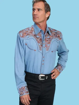 Scully Mens Floral Tooled Embroidery Light Blue Poly/Rayon L/S Shirt L